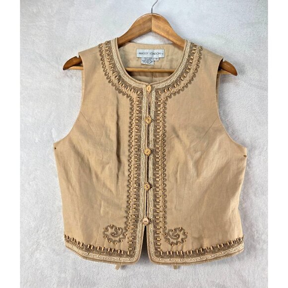 Linen Vest Tan Sz 10 Maggy London Lined Embroidery Boho Ethnic German Peasant - Picture 1 of 10